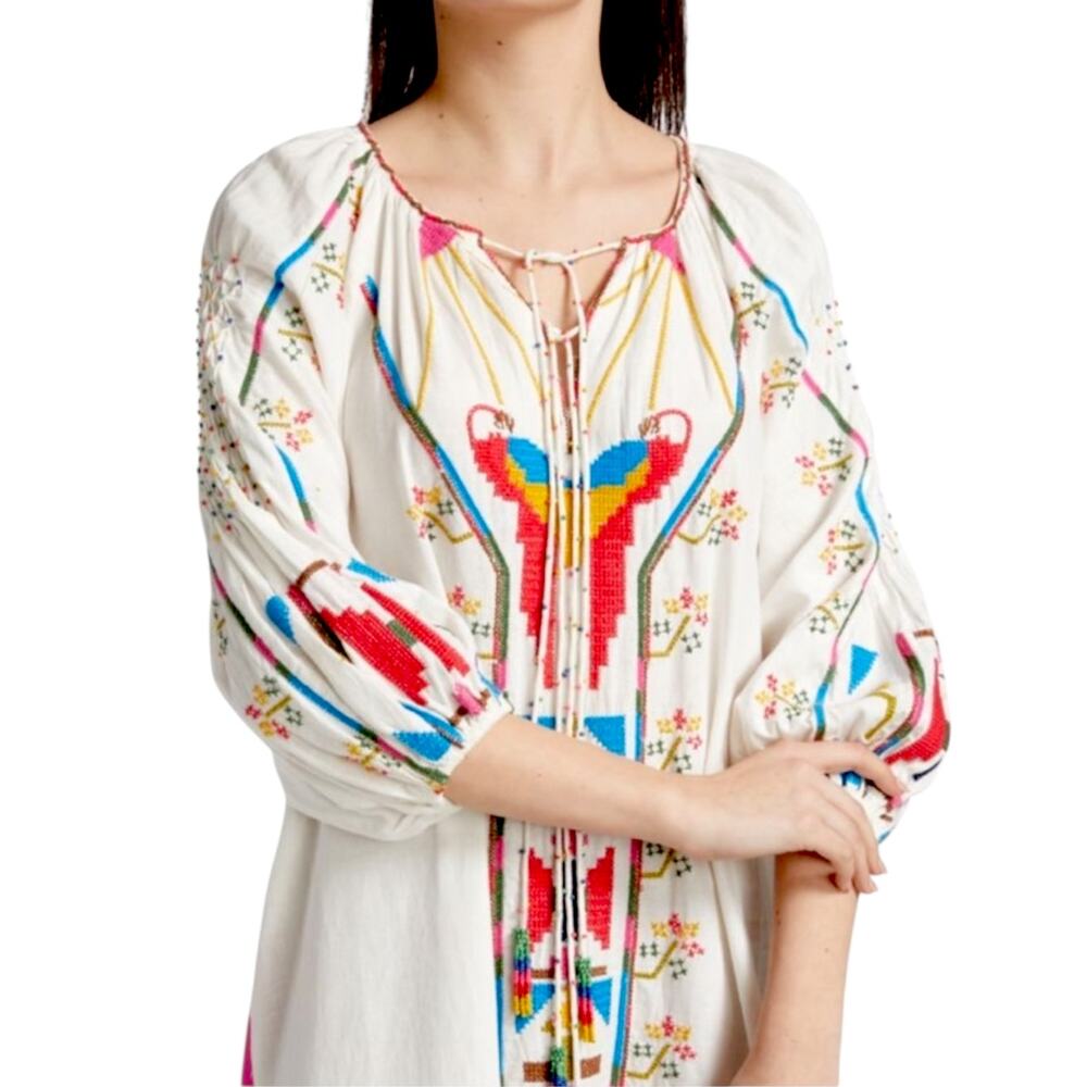 FARM RIO Macaw Embroidered Beaded Maxi Dress Caftan Tapestry Ethereal Wedding - Picture 2 of 15